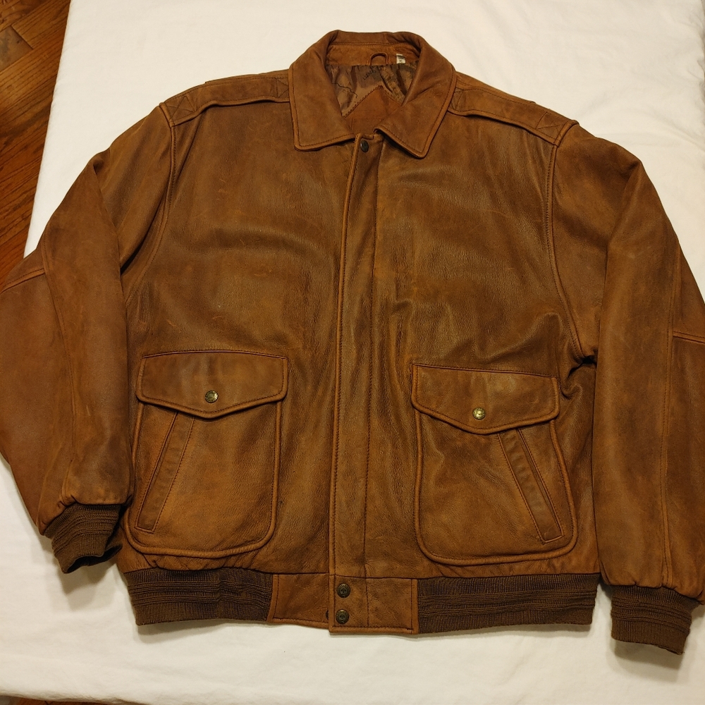 Roundtree & York Mens Leather Bomber Coat Brown